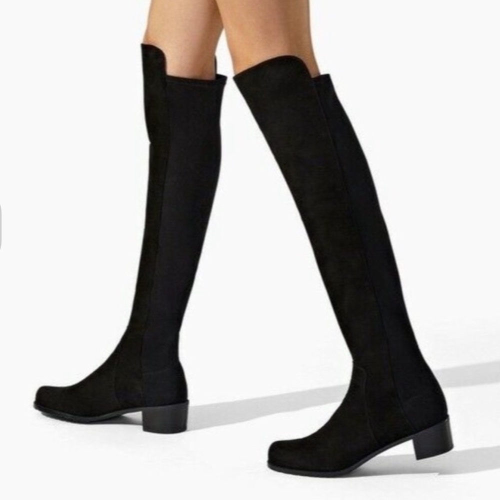 Stuart Weitzman Black Over the Knee Suede Low Heels Stretchy Boots - Size 7